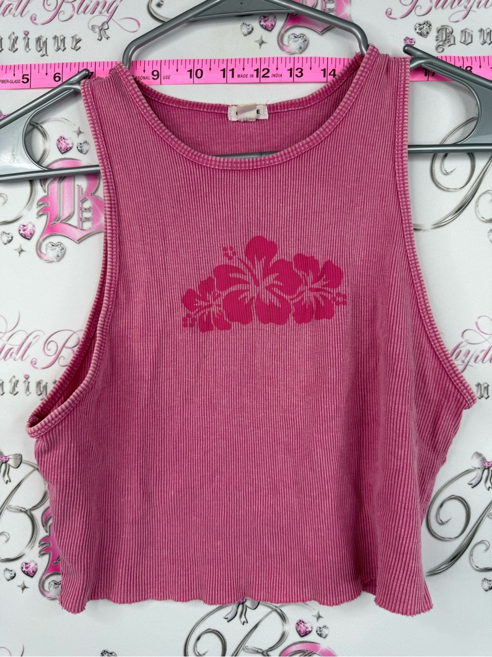 Garage shirt cropped Hawaii Pink Ribbed Tank with Hibiscus Graphic